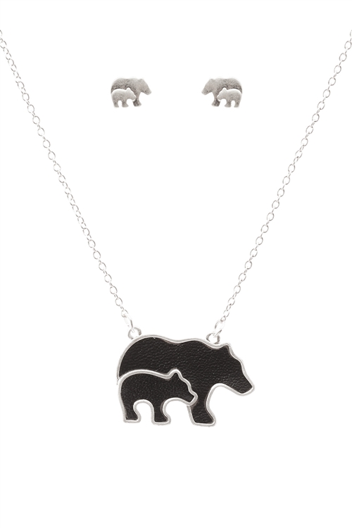 S1-5-4-ES1638WSBLK-LEATHER MAMA BEAR & CUBS METAL PENDANDT NECKLACE AND EARRINGS SET-MATTE SILVER  BLACK/6PCS