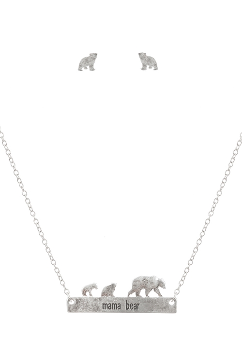 S1-7-3-ES1640WS - METAL BEAR BAR NECKLACE AND EARRING SET-MATTE SILVER/6PCS