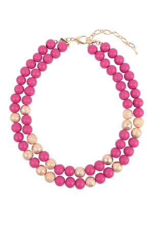 SA3-3-1-ESN6614FU - WOOD, CCB 2 LINE BEADED NECKLACE-FUCHSIA/1PC