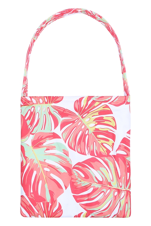 S21-9-6-ETW10179CO - 2-IN1 BEACH TOWEL LEAF PRINT FOLDABLE TOTE  BAG - CORAL/1PC