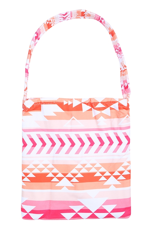 S18-11-6-ETW9982CO - 2-IN1 BEACH TOWEL  AZTEC PRINT FOLDABLE TOTE  BAG - CORAL/1PC