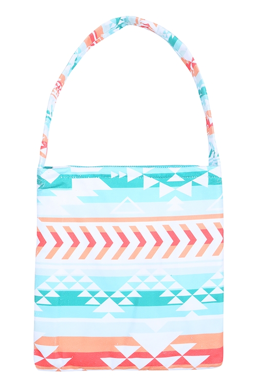 S18-11-6-ETW9982TQ - 2-IN1 BEACH TOWEL  AZTEC PRINT FOLDABLE TOTE  BAG - TURQUOISE/1PC