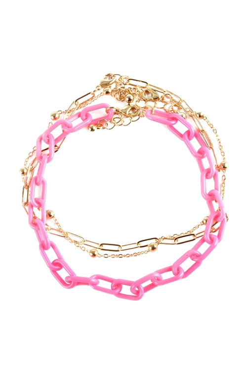 S1-4-1-FA0037GDFSH - ACETATE METAL LINK STACKABLE MULTI CHAIN ANKLET-GOLD FUSCHIA/1PC (NOW $2.50 ONLY!)