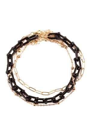 S5-5-4-FA0039GDBLK - ACETATE METAL LINK LAYERED CHARM ANKLET-GOLD BLACK/1PC