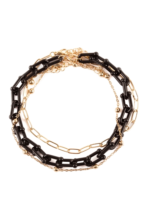 S5-5-4-FA0039GDBLK - ACETATE METAL LINK LAYERED CHARM ANKLET-GOLD BLACK/1PC