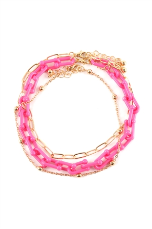 S5-5-4-FA0039GDFSH - ACETATE METAL LINK LAYERED CHARM ANKLET-GOLD FUSCHIA/1PC