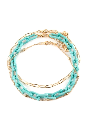 S5-5-4-FA0039GDTQS - ACETATE METAL LINK LAYERED CHARM ANKLET-GOLD TURQUOISE/1PC