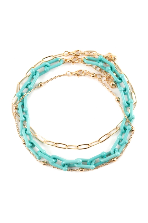 S5-5-4-FA0039GDTQS - ACETATE METAL LINK LAYERED CHARM ANKLET-GOLD TURQUOISE/1PC