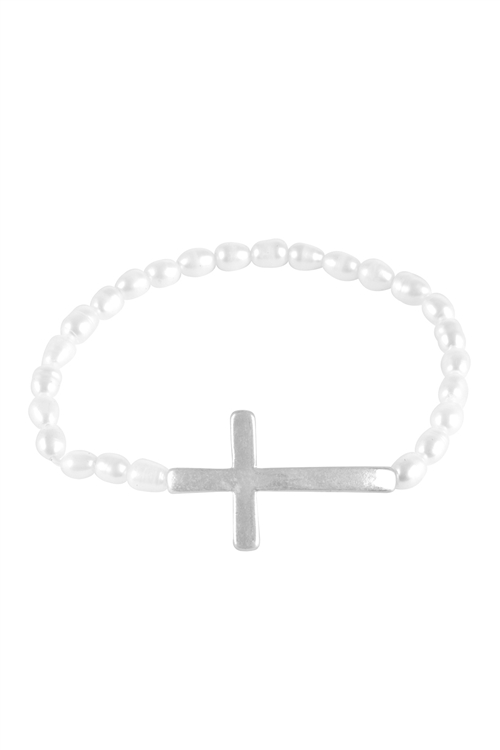 S5-5-1-FB2199WSCRM - CROSS FRESHWATER PEARL ELASTIC  BRACELET - MATTE SILVER CREAM/6PCS