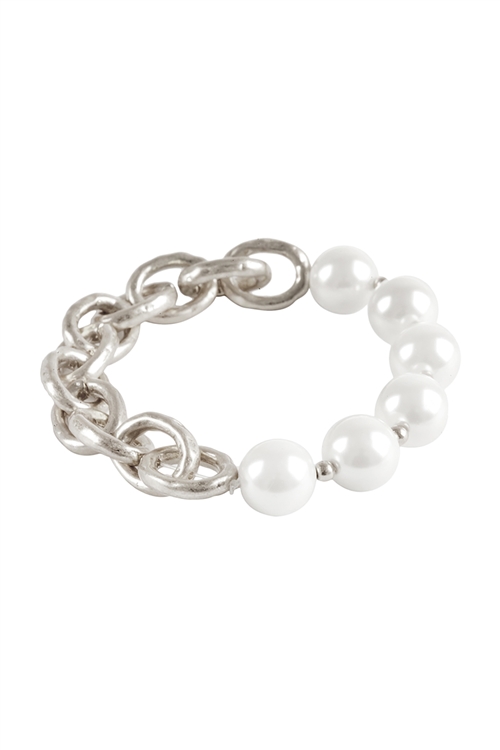 A2-3-4-FB2893WSCRM - PEARL METAL LINK BRACELET-MATTE SILVER CREAM/1PC