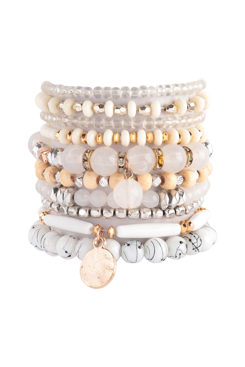 S20-9-3-FBA003GDMWH - CHARM MULTI BEADS DISK PENDANT LAYERED VERSATILE BRACELET-GOLD WHITE/1PC