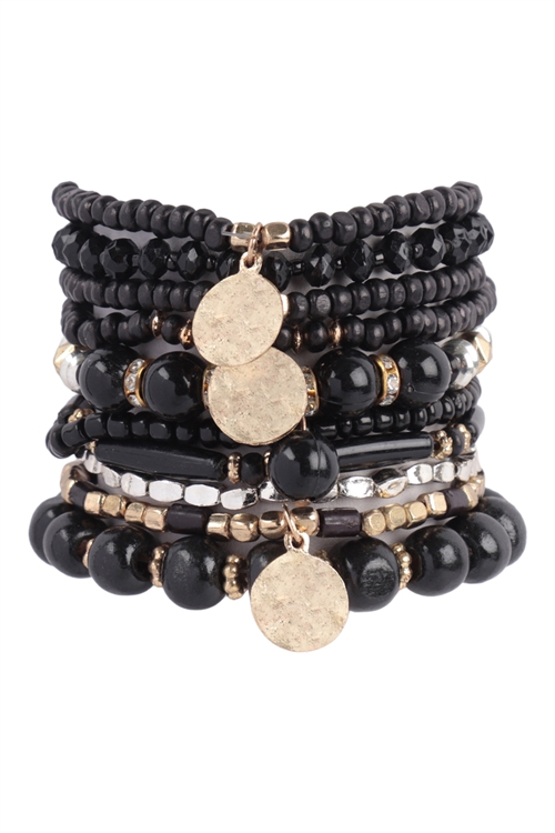 S20-12-2-FBA020GDBLK -  MULTI BEADS WOOD, DISK PENDANT LAYERED STACKABLE VERSATILE CHARM BRACELET- BLACK/1PC