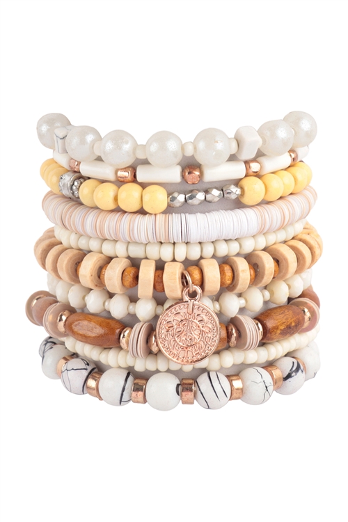S15-13-5-FBA026GDCRM - MULTI BEADS STONE, FIMO, DISK PENDANT LAYERED STACKABLE VERSATILE CHARM BRACELET- CREAM/1PC