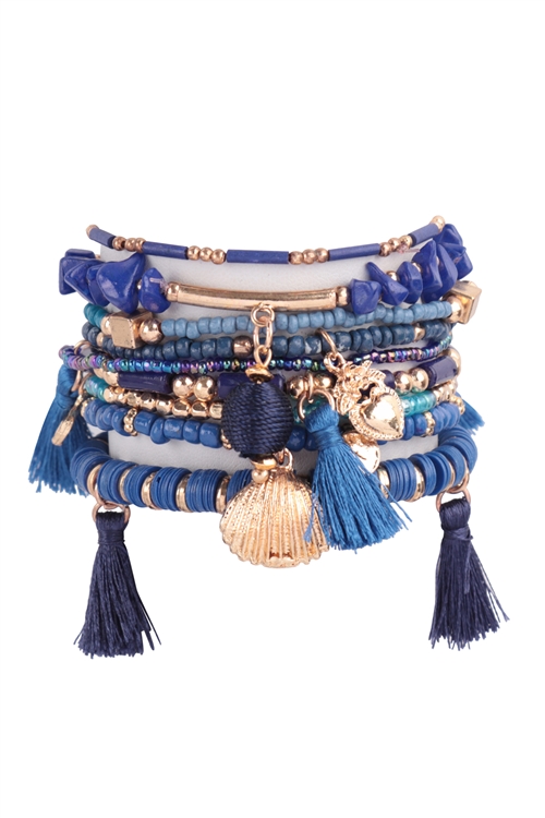 S6-4-3-FBA065GDNVY - MULTI BEADS IRREGULAR STONE TASSEL SHELL LAYERED VERSATILE CHARM BRACELET-GOLD NAVY/1PC