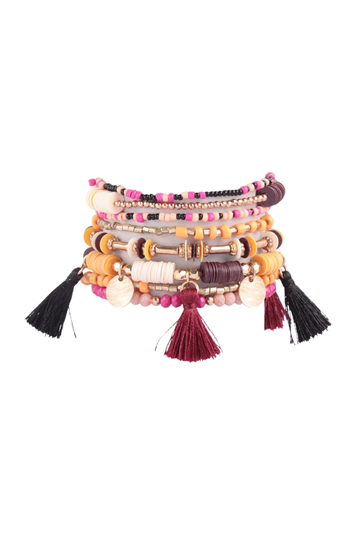 S15-14-2-FBA076GDMLT - MULTI BEADS FIMO, DISK, TASSEL PENDANT LAYERED STACKABLE VERSATILE CHARM BRACELET- MULTICOLOR/1PC