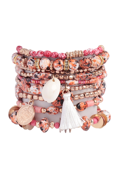 S20-12-2-FBA111GDPCH - MULTI BEADS TASSEL, SHELL PENDANT LAYERED STACKABLE VERSATILE CHARM BRACELET- PEACH/3PCS