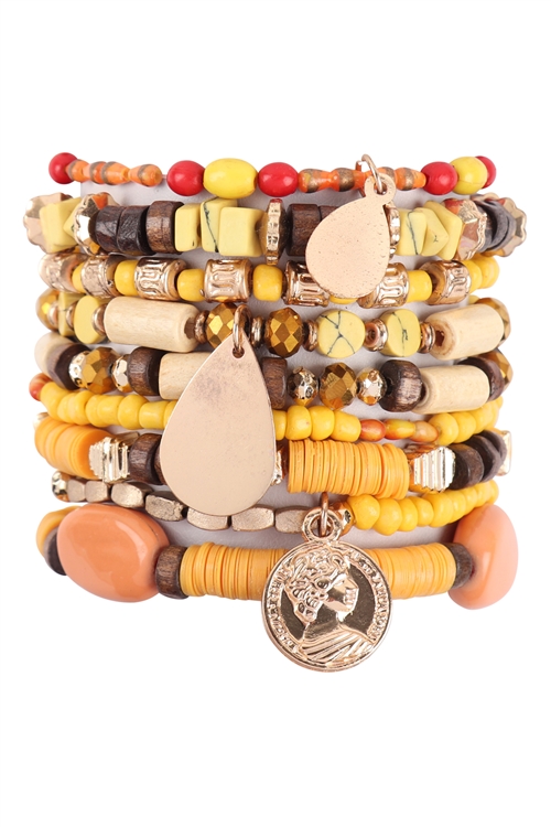 A1-1-3-FBA115GDYEW -  MULTILAYERD CHARM SET W/ COIN & TEARDROP BRACELET - GOLD YELLOW/3PCS