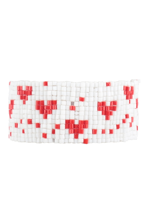 S1-8-2-FBA246WHRED - HEART PATTERN SEED BEADS PULL TIE BRACELET-WHITE RED/1PC