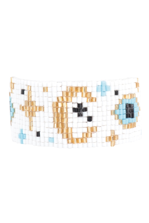 S1-8-2-FBA249GDWHT - EVIL EYE MOON SEED BEADS PULL TIE BRACELET-WHITE/1PC