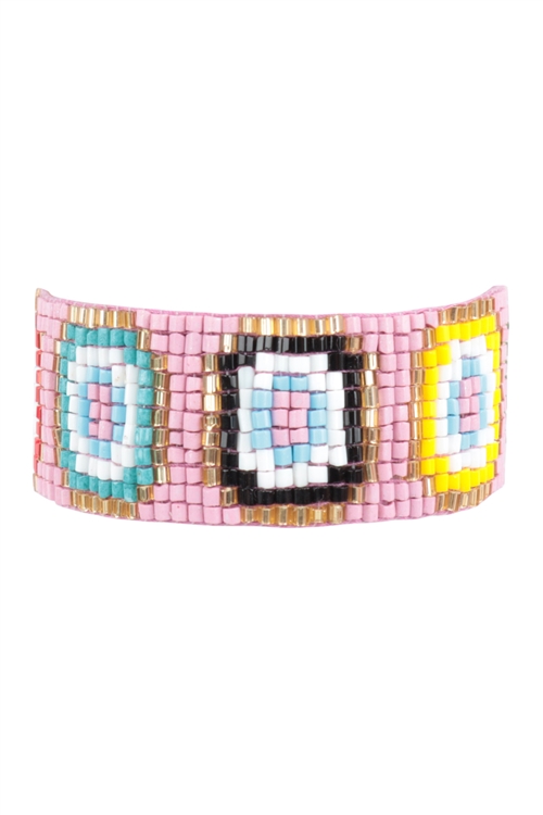 S1-8-3-FBA251GDMPK - EVIL EYE PATTERN SEED BEADS PULL TIE BRACELET-PINK/1PC