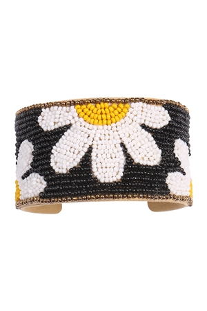 A1-3-4-FBA474BLK - DAISY FLOWER SEED BEAD WIDE CUFF BRACELET-BLACK/1PC