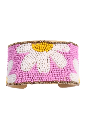 A1-3-4-FBA474PNK - DAISY FLOWER SEED BEAD WIDE CUFF BRACELET-PINK/1PC