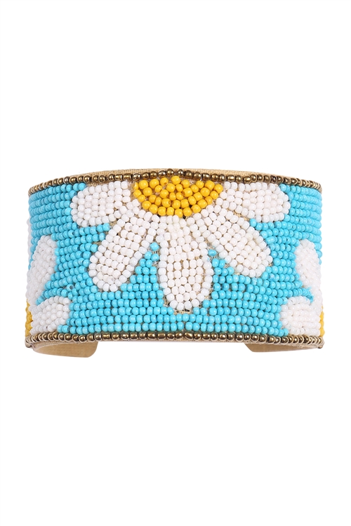 A1-3-4-FBA474TUQ - DAISY FLOWER SEED BEAD WIDE CUFF BRACELET-TURQUOISE/1PC