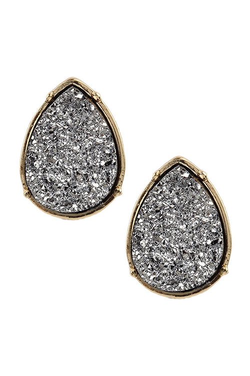 S17-12-2-FE1918GDHMT - DRUZY TEARDROP POST EARRINGS - HEMATITE/1PC