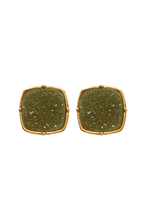 S25-3-4-FE1919GDOVG - DRUZY POST SQUARE EARRINGS - OLIVE/6PCS