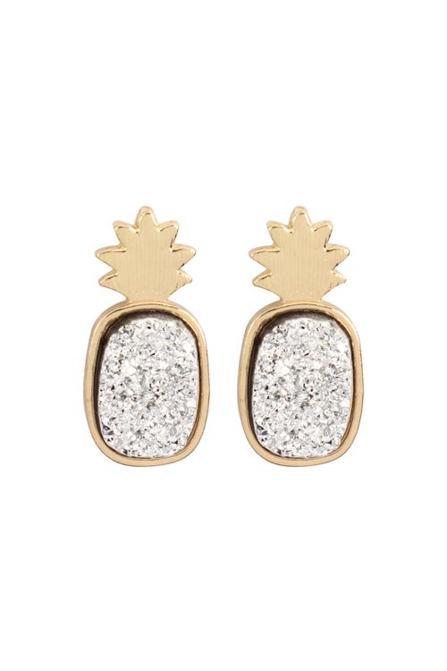 S23-11-2-FE5482GDRD - METAL DRUZY PINEAPPLE POST EARRINGS - SILVER/1PC