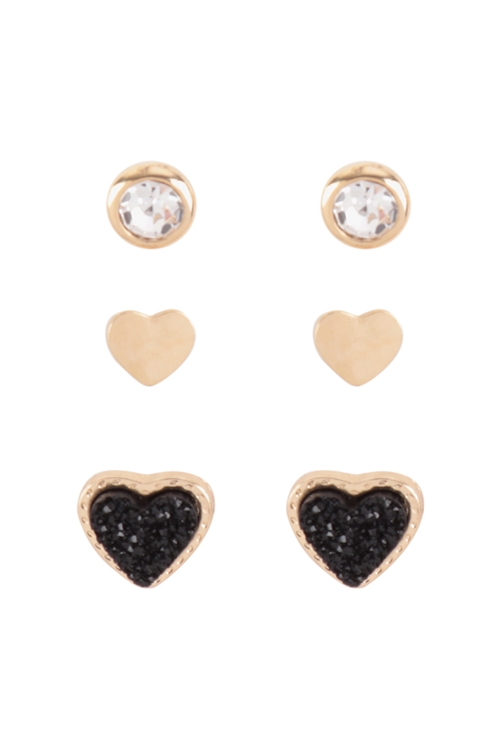 S7-5-3-FE5499GDJT - DRUZY RHINESTONE VALENTINE HEART EARRINGS SET - GOLD BLACK/6PCS