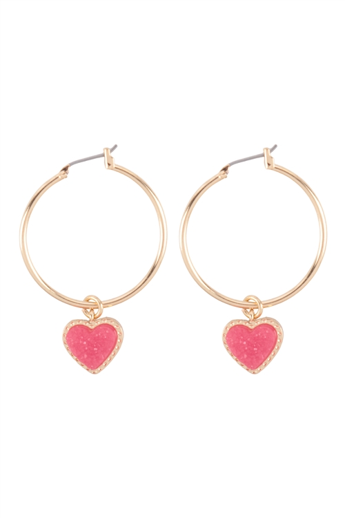 S7-5-3-FE5579GDPNK - DRUZY HEART VALENTINE HOOP PINCATCH EARRINGS - GOLD PINK/6PAIRS