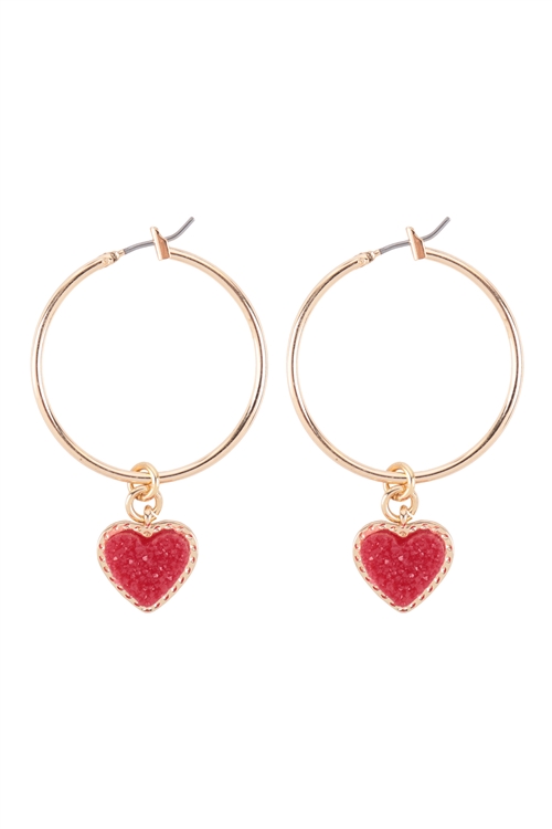 S7-5-3-FE5579GDRED - DRUZY HEART VALENTINE HOOP PINCATCH EARRINGS - GOLD RED/6PAIRS