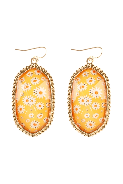 SA4-1-1-FE5743GDYEW - FLOWER EPOXY METAL OVAL DROP FISH HOOK EARRINGS - GOLD YELLOW/6PCS