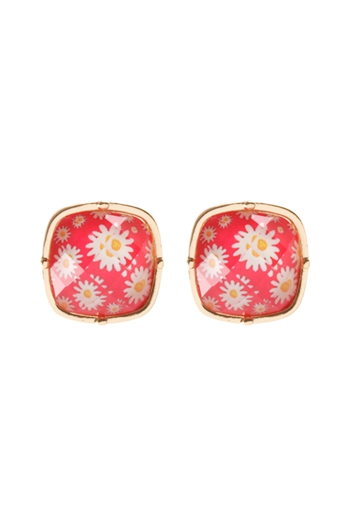 SA3-2-3-FE5746GDFSH - FLOWER EPOXY METAL SQUARE POST EARRINGS - GOLD FUCHSIA/1PC