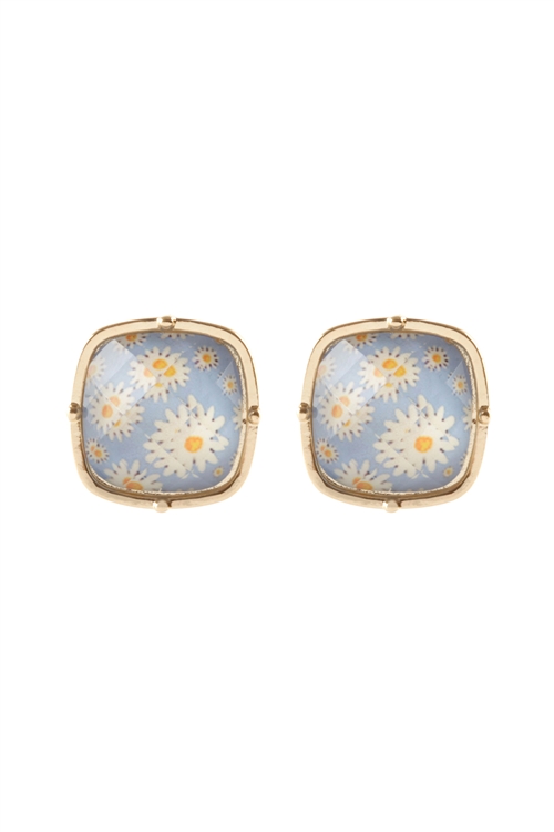 SA3-2-3-FE5746GDLBL - FLOWER EPOXY METAL SQUARE POST EARRINGS - GOLD LIGHT BLUE/1PC