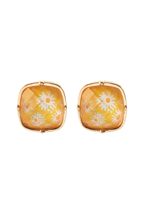 A3-3-4-FE5746GDYEW - FLOWER EPOXY METAL SQUARE POST EARRINGS - GOLD YELLOW/1PC