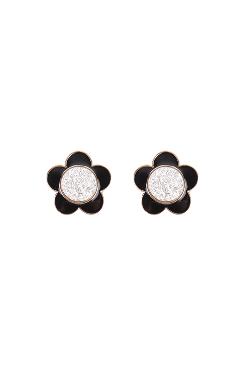 S1-1-2-FE5881GDBLK - DRUZY METAL COLORCOATED FLOWER POST EARRINGS - GOLD BLACK/6PCS