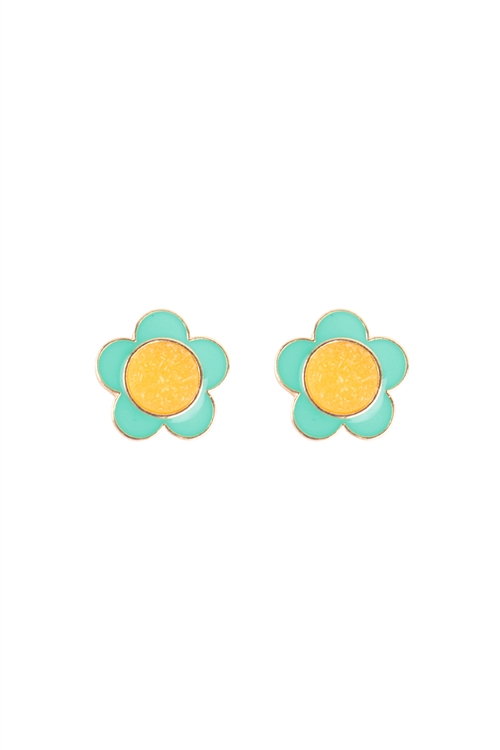 S1-1-2-FE5881GDTQS - DRUZY METAL COLORCOATED FLOWER POST EARRINGS - GOLD TURQUOISE/6PCS