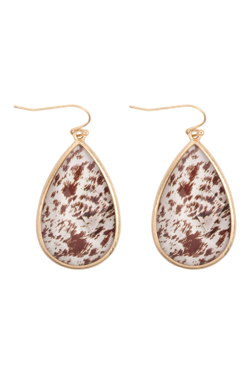 S21-11-4-FE5966WGBRN - EPOXY COW HIDE PRINT TEARDROP EARRINGS - MATTE GOLD BROWN/6PCS