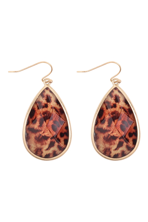 S22-11-3-FE5971WGBRN - EPOXY COW HIDE PRINT TEAR DROP EARRINGS - MATTE GOLD BROWN/6PCS (NOW $1.00 ONLY!)