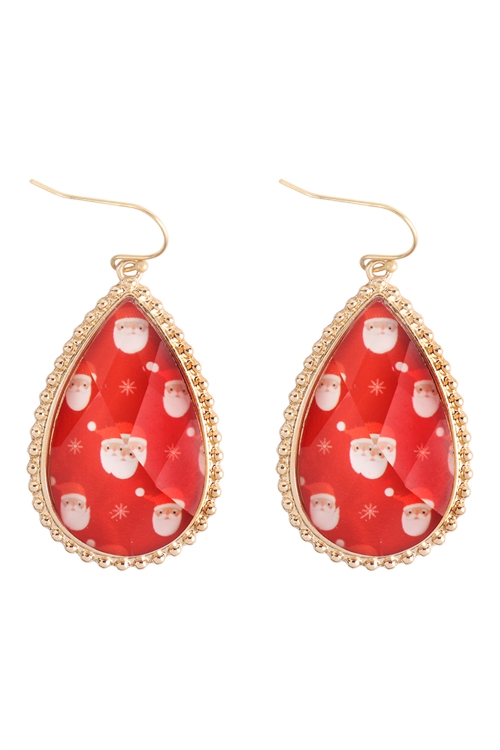 S7-4-3-FE5988GDRED - CHRISTMAS SANTA EPOXY TEARDROP  FISH HOOK EARRINGS-GOLD RED/6PCS