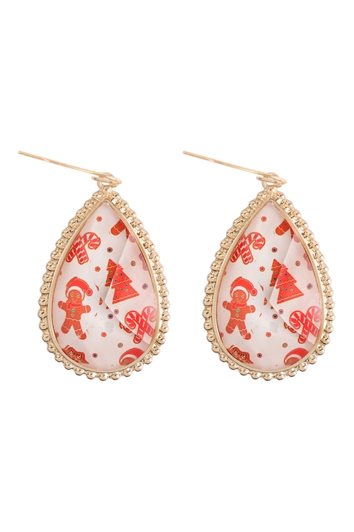 S7-4-3-FE5990GDWHT - CHRISTMAS COOKIES EPOXY TEARDROP FISH HOOK EARRINGS-GOLD WHITE/6PCS