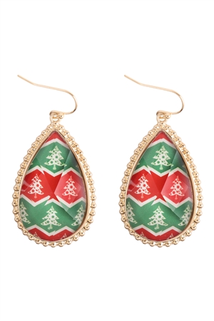 S14-14-4-FE5995GDMLT - CHRISTMAS TREE EPOXY TEARDROP FISH HOOK EARRINGS-GOLD MULTICOLOR/6PCS