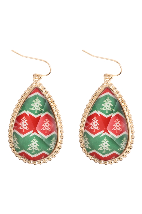 S7-4-3-FE5995GDMLT - CHRISTMAS TREE EPOXY TEARDROP FISH HOOK EARRINGS-GOLD MULTICOLOR/6PCS