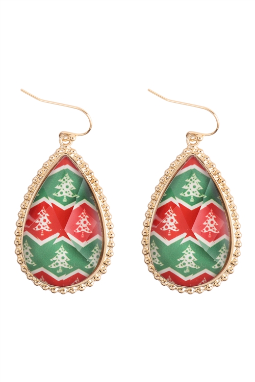 S14-14-4-FE5995GDMLT - CHRISTMAS TREE EPOXY TEARDROP FISH HOOK EARRINGS-GOLD MULTICOLOR/6PCS