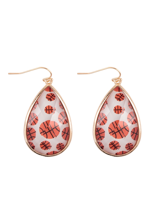 A1-2-2-FE6016GDWHT - SPORTS BASKETBALL TEARDROP EPOXY FISH HOOK EARRINGS - GOLD WHITE/6PCS