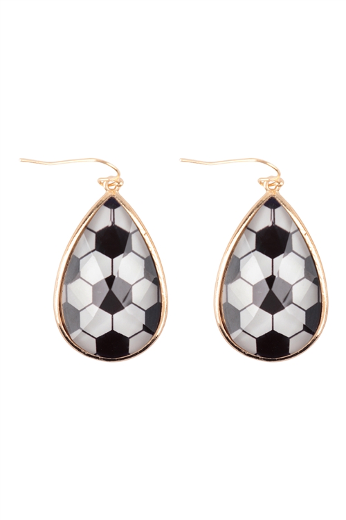 A1-2-2-FE6020GDBNW - SPORTS SOCCER TEARDROP EPOXY FISH HOOK EARRINGS - GOLD BLACK WHITE/6PCS