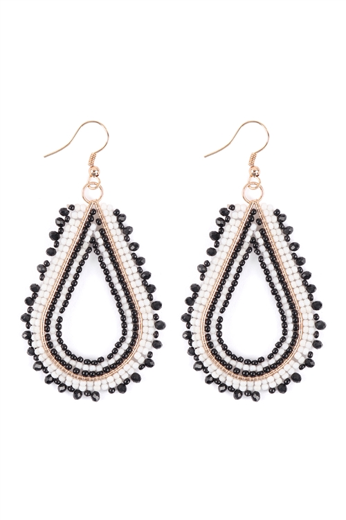 A3-1-4-FEA024GDMBW - SEED BEAD TWO TONE OPEN TEARDROP EARRINGS - BLACK WHITE/3PCS