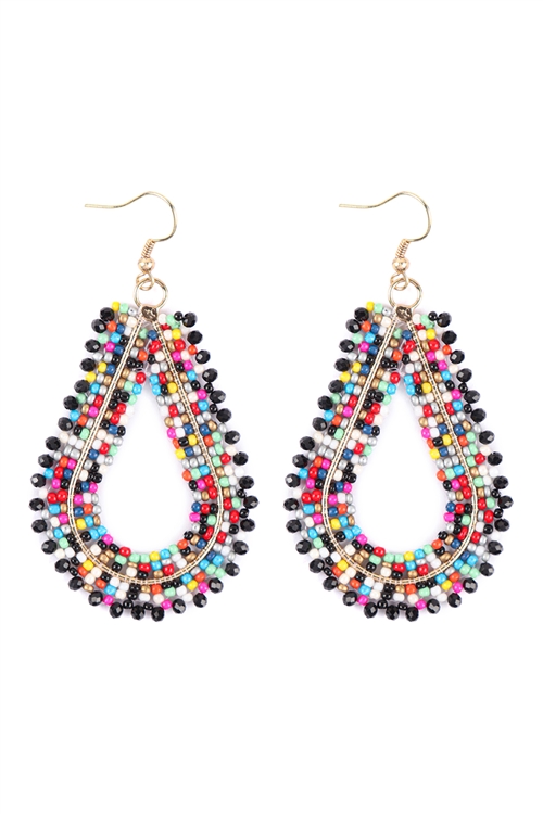 A1-2-3-FEA024GDMLT - SEED BEAD TWO TONE OPEN TEARDROP EARRINGS - MULTICOLOR BLACK/3PCS